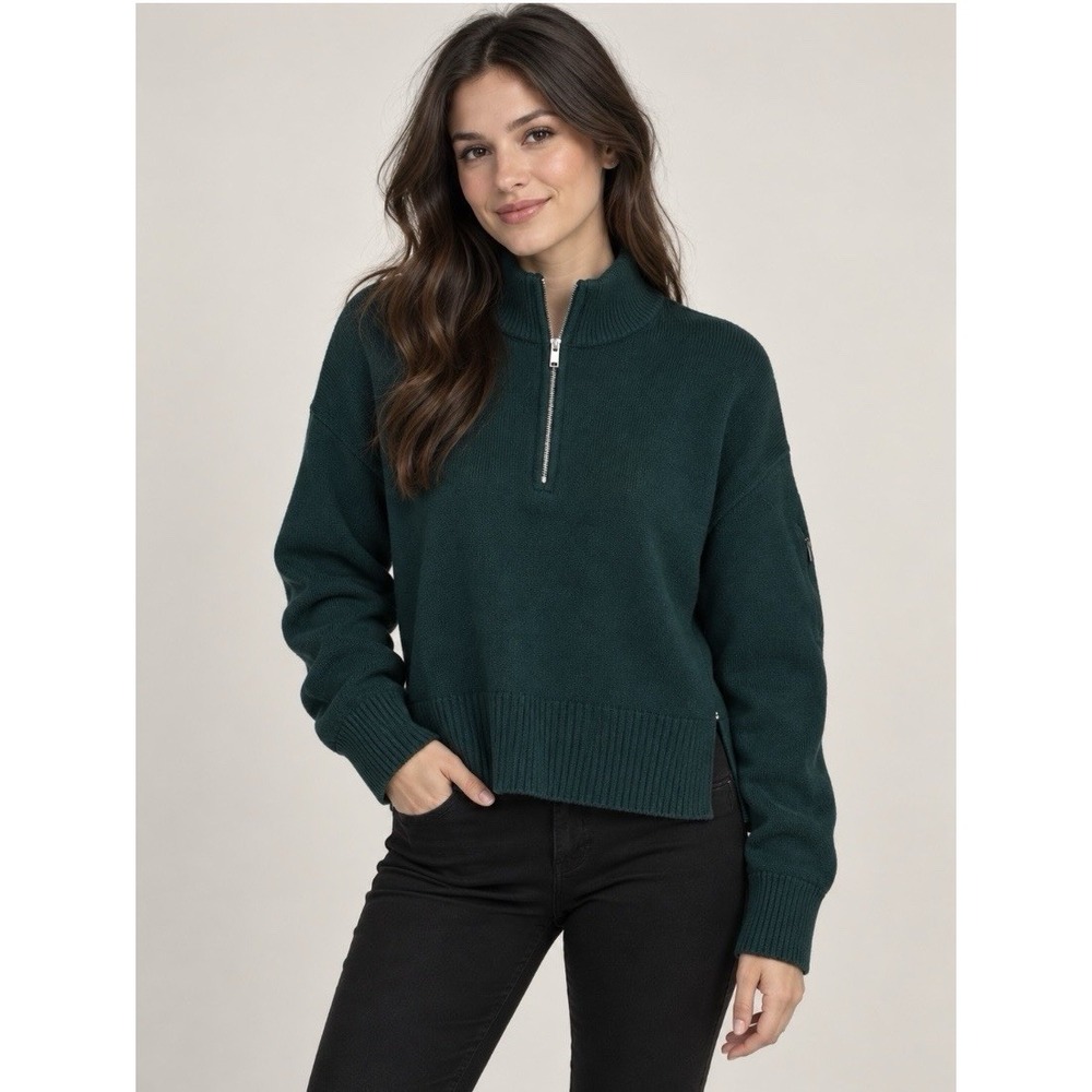 DKNY Women's High Ribbed Neck Quarter-Zip Pull On Sweater Size XS Green NWT